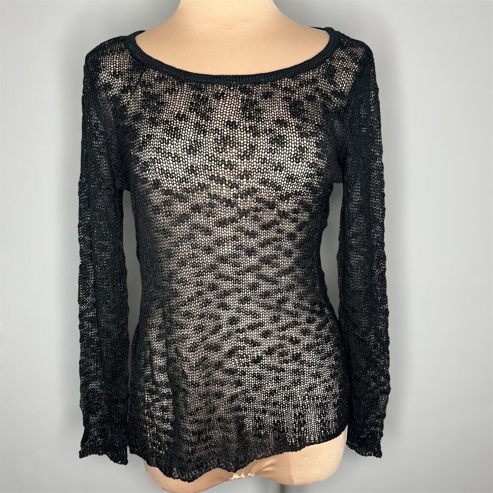 Pol Sweater Small Womens Black Sheer Open Knit Top Long Sleeve Minimalist New